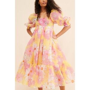 Selkie French Puff Midi Dress in Goldie Floral Print Small